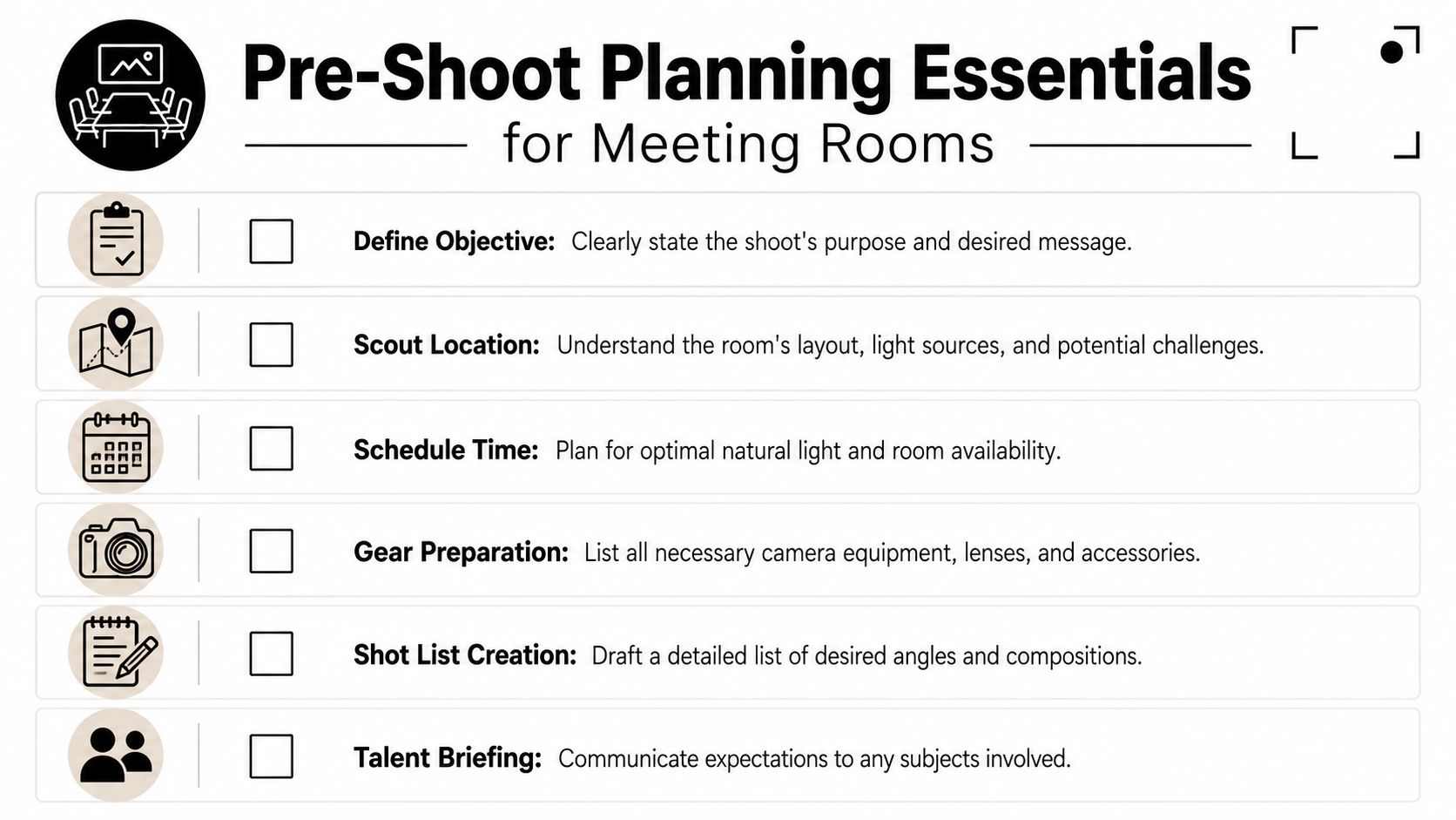 A checklist infographic titled Pre-Shoot Planning Essentials for Meeting Rooms with six key preparation steps.