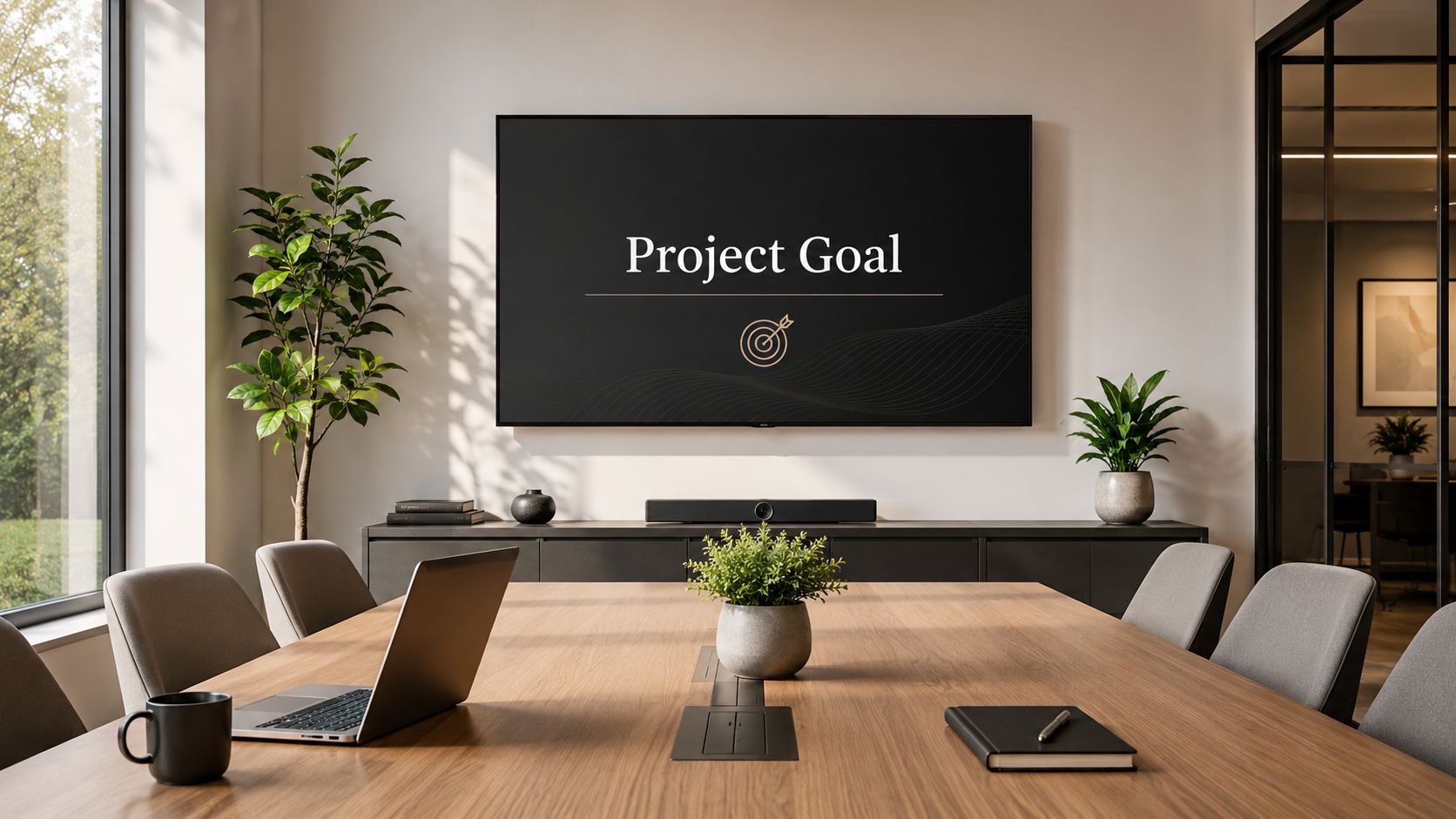 A professional office meeting room with a large screen displaying the Project Goal presentation text.