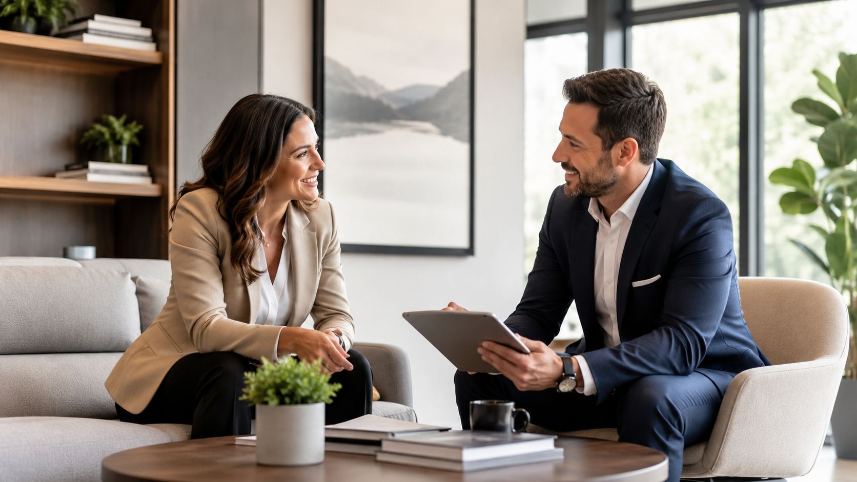 A professional woman and man in a modern studio discussing design plans on a digital tablet.