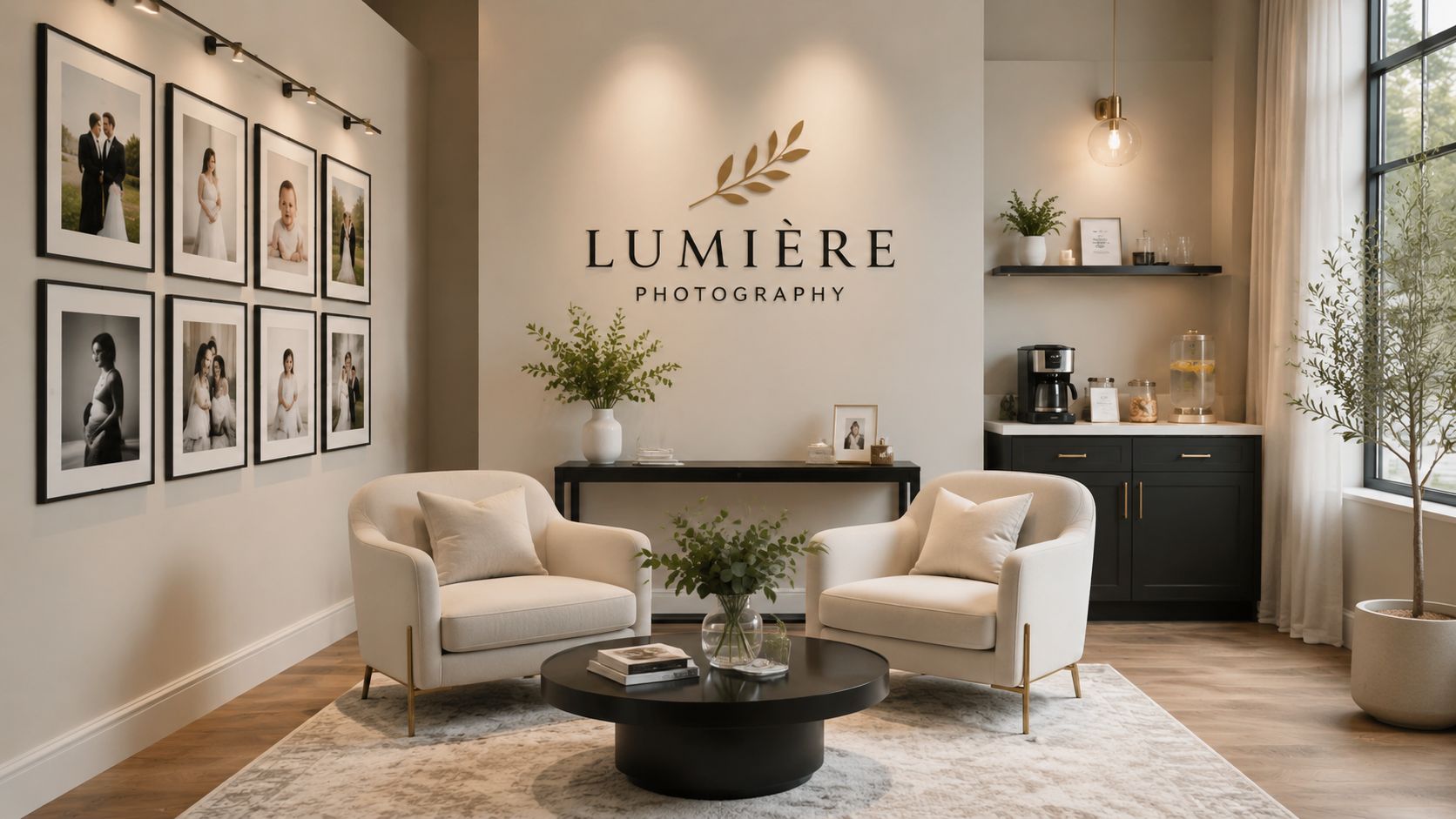A luxurious and minimalist photo studio waiting room featuring elegant armchairs, photography displays, and modern decor.