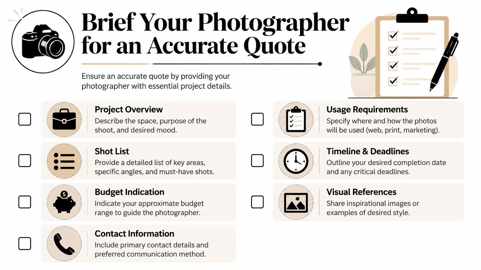 A checklist infographic outlining essential information to provide a photographer for an accurate project quote.