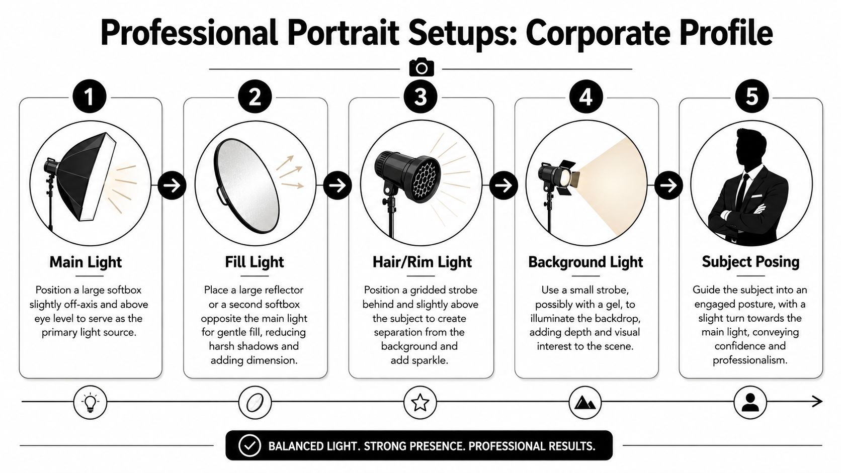 An infographic illustrating five professional lighting steps for creating a high-quality corporate portrait photograph.