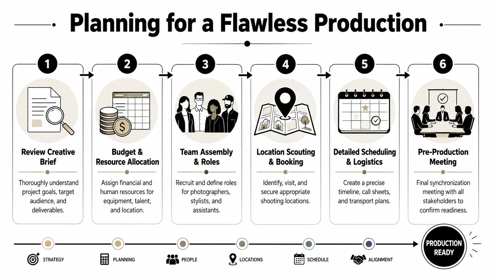 A step-by-step infographic titled Planning for a Flawless Production detailing six stages for media project preparation.
