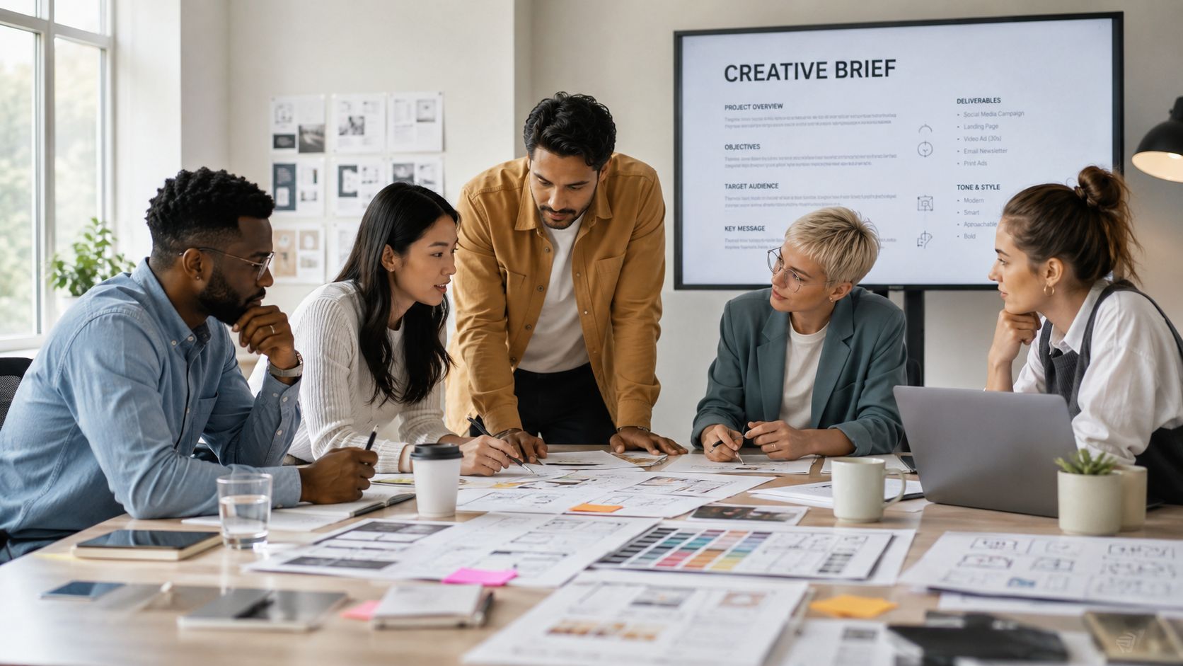 A diverse team of professionals collaborate on marketing assets during a creative brief meeting in office.