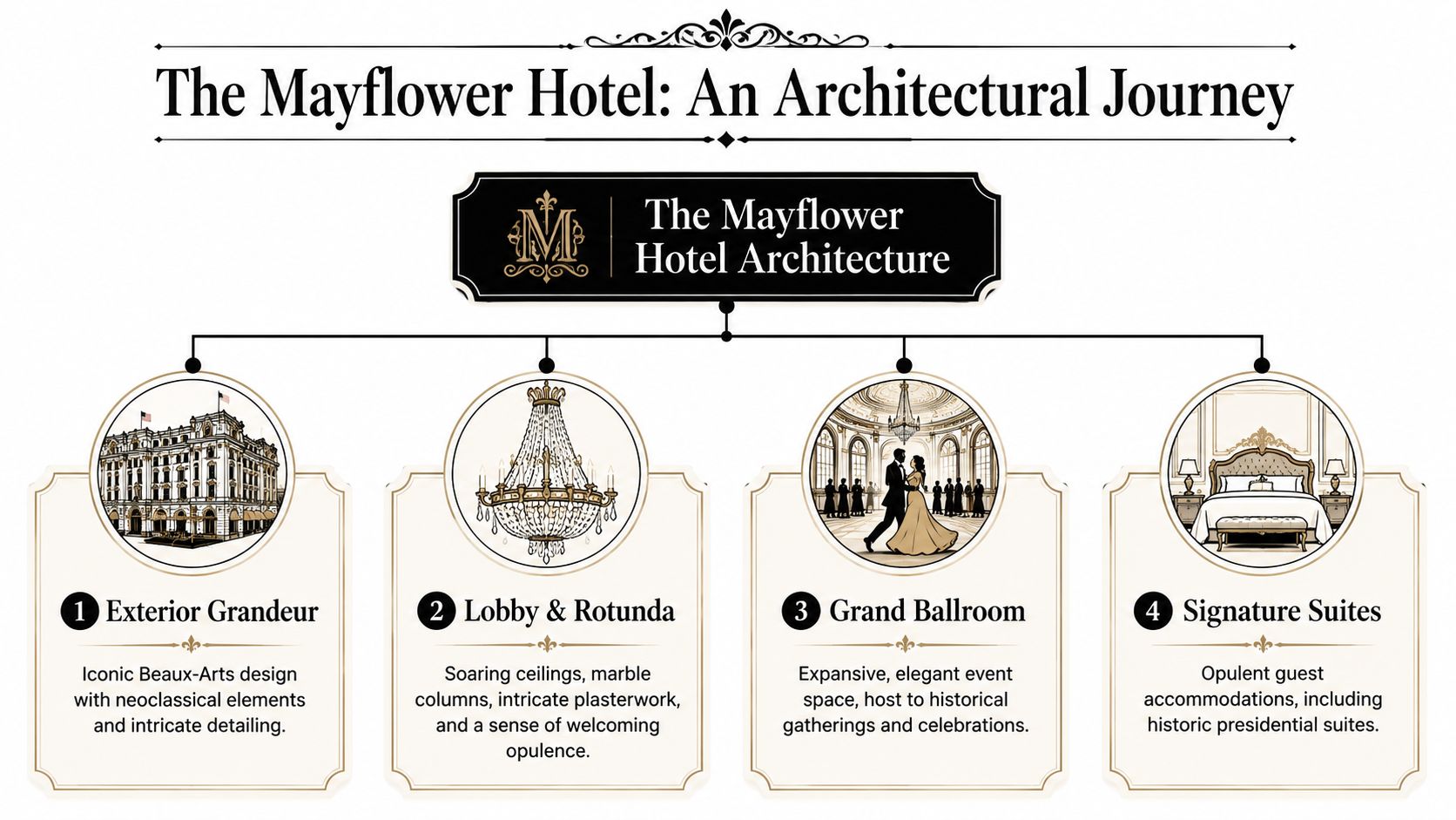 A diagram titled The Mayflower Hotel: An Architectural Journey, showcasing four key design features with circular illustrations.