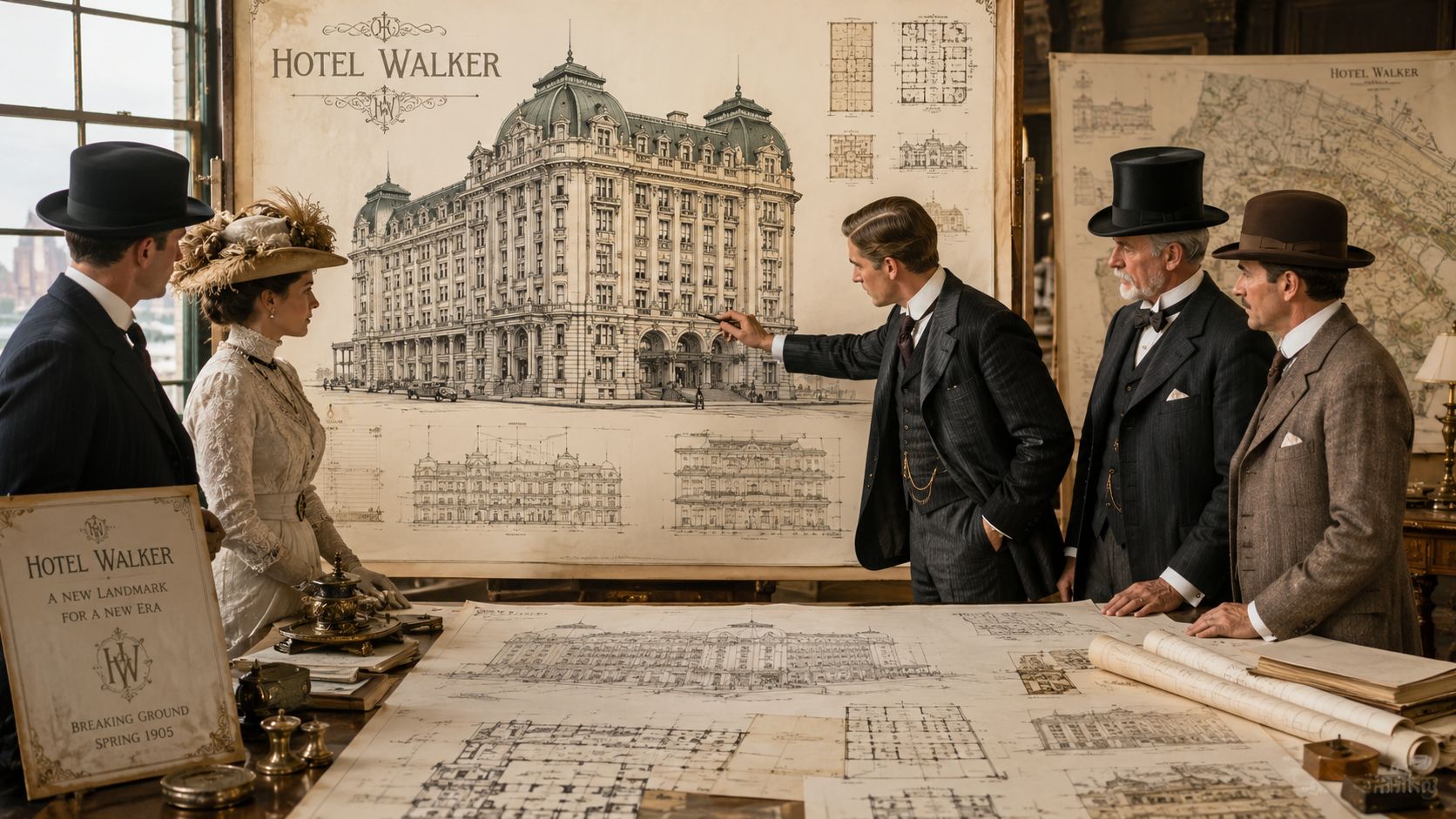 A group of professionals in Edwardian attire reviewing architectural blueprints of the historic Hotel Walker project.