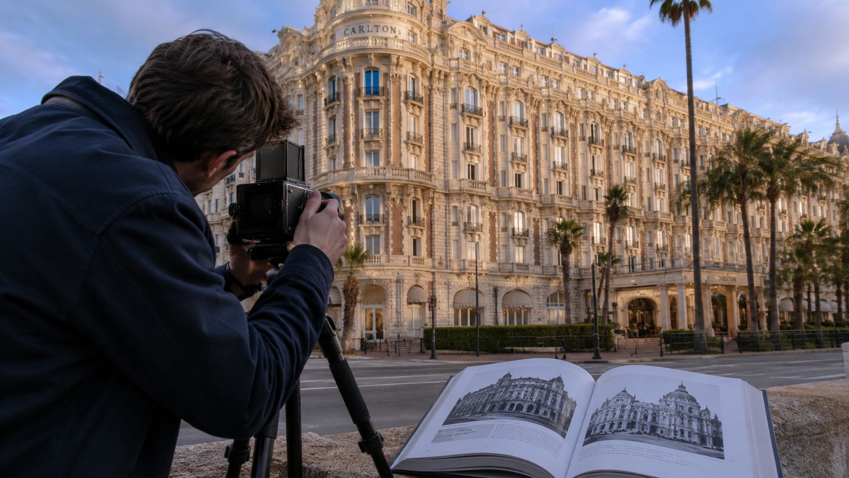 A photographer captures the historic Carlton hotel in Cannes using a vintage medium format film camera.