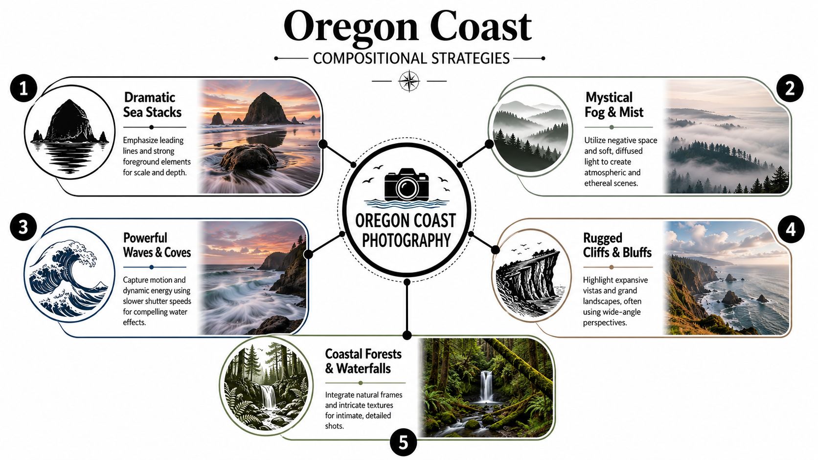 A visual guide illustrating five different compositional strategies for photography on the scenic Oregon coast.