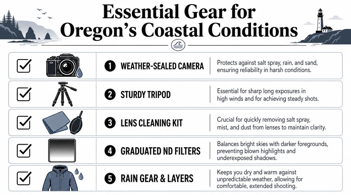 A checklist infographic illustrating five essential photography items for shooting in Oregon's coastal weather conditions.