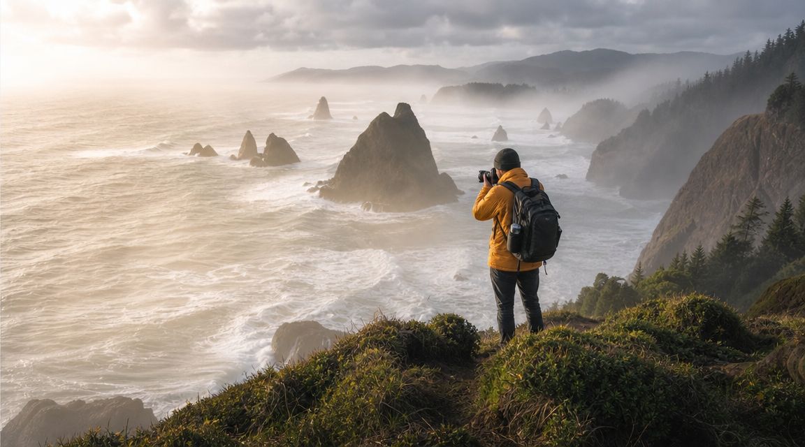 A photographer wearing a yellow jacket and backpack captures the misty, rugged Oregon coast at sunset.