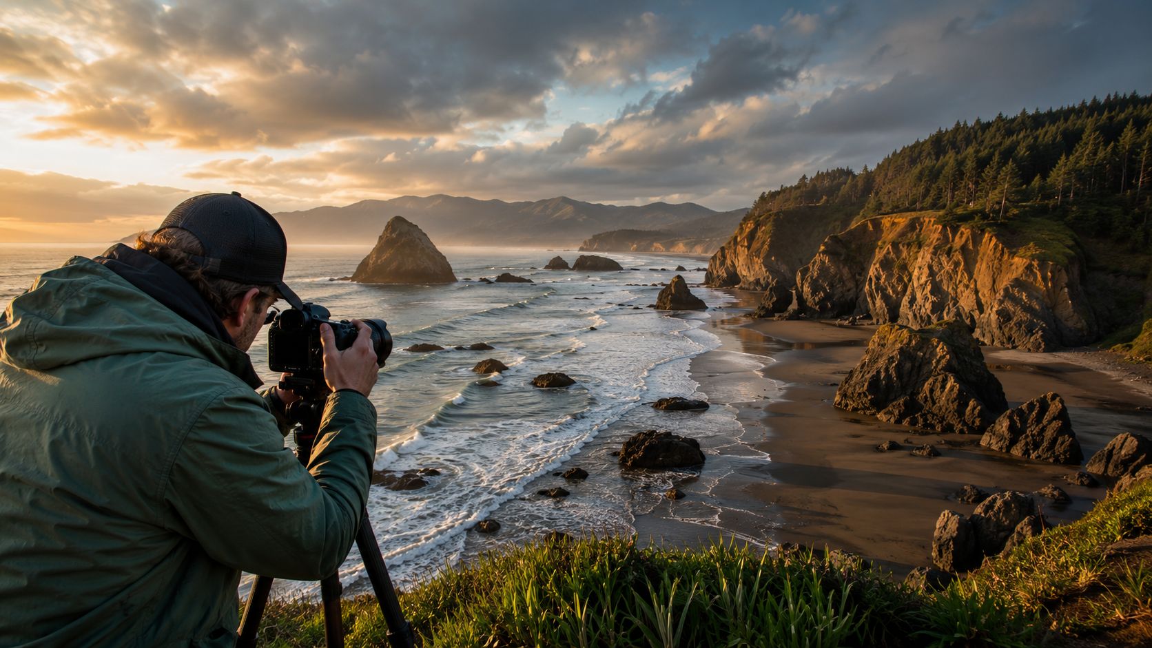 A photographer captures the scenic view of the Oregon coastline during a beautiful golden sunset.
