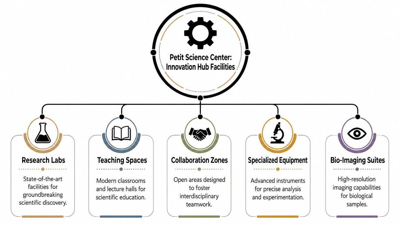 A diagram illustrating the Innovation Hub facilities at the Parker H. Petit Science Center, highlighting research and education.