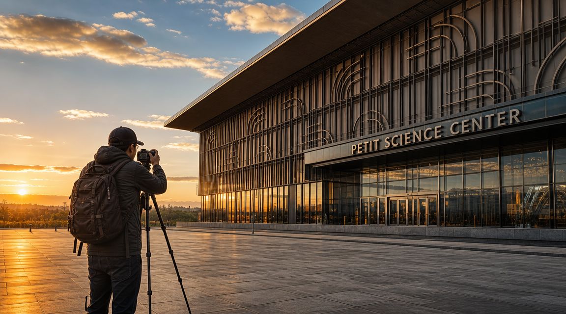 A photographer with a tripod captures the Petit Science Center building during a vibrant golden sunset.