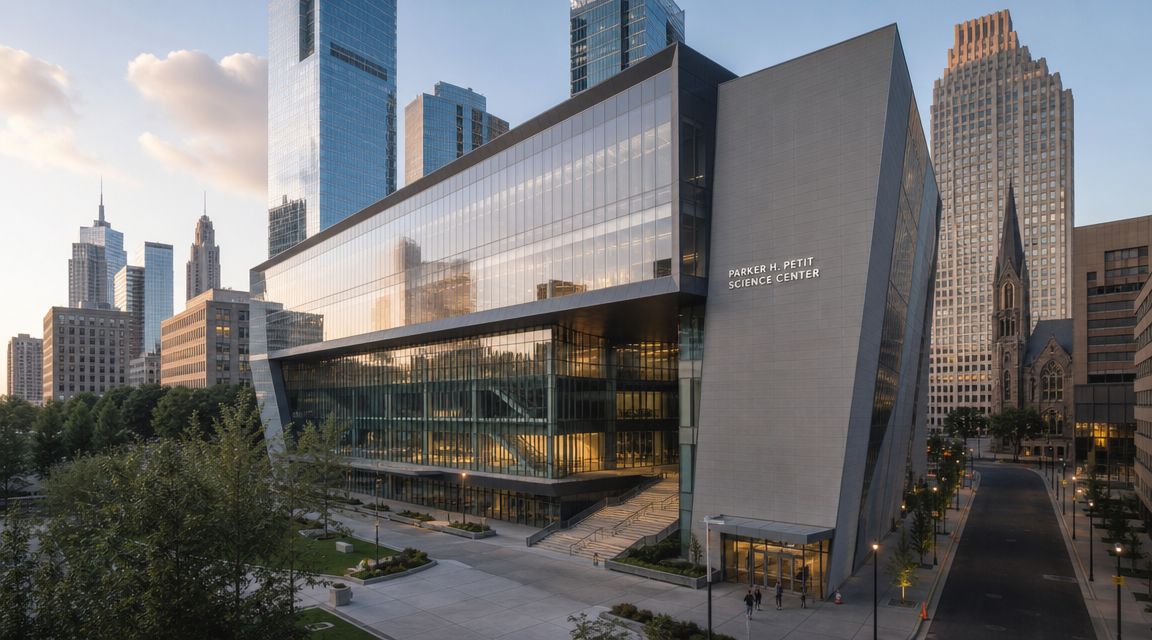 The modern glass and stone exterior of the Parker H. Petit Science Center during golden hour in Atlanta.