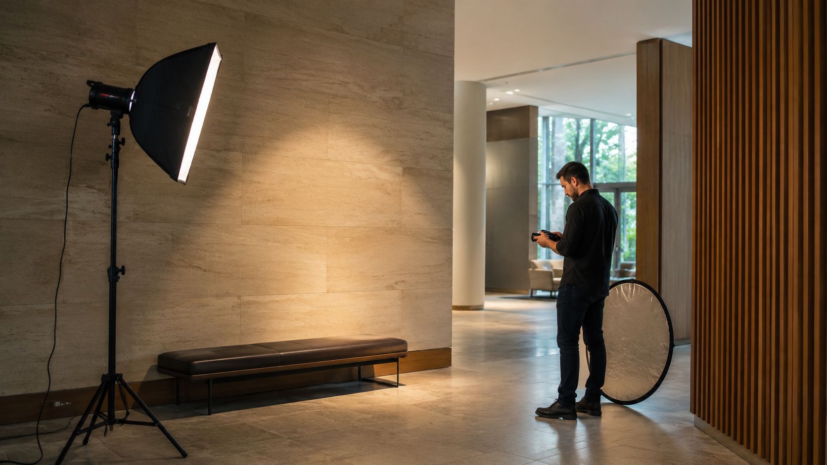A professional photographer prepares for a photoshoot in a modern, well-lit lobby with studio lighting equipment.