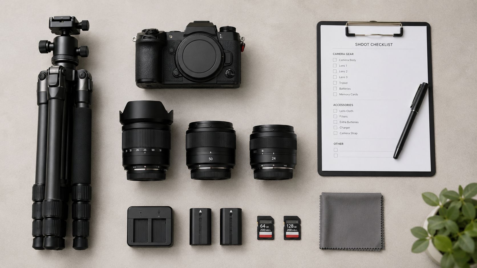 A professional photography gear flatlay featuring a camera, lenses, tripod, batteries, memory cards, and a checklist.