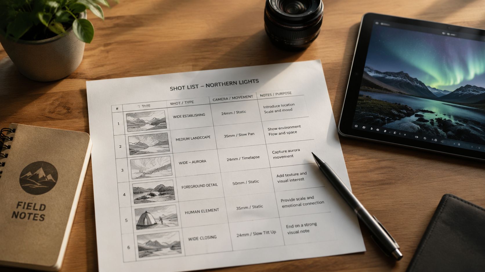 A printed shot list for a northern lights photo shoot on a wooden desk with a camera.