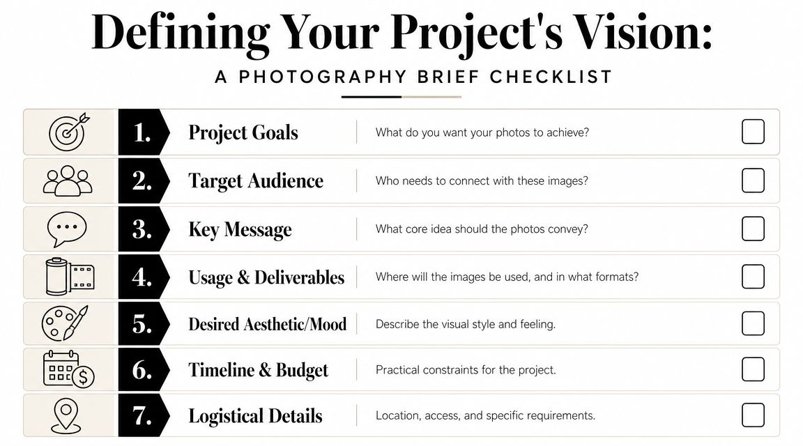 A checklist infographic titled Defining Your Project's Vision for planning photography project briefs with seven key steps.