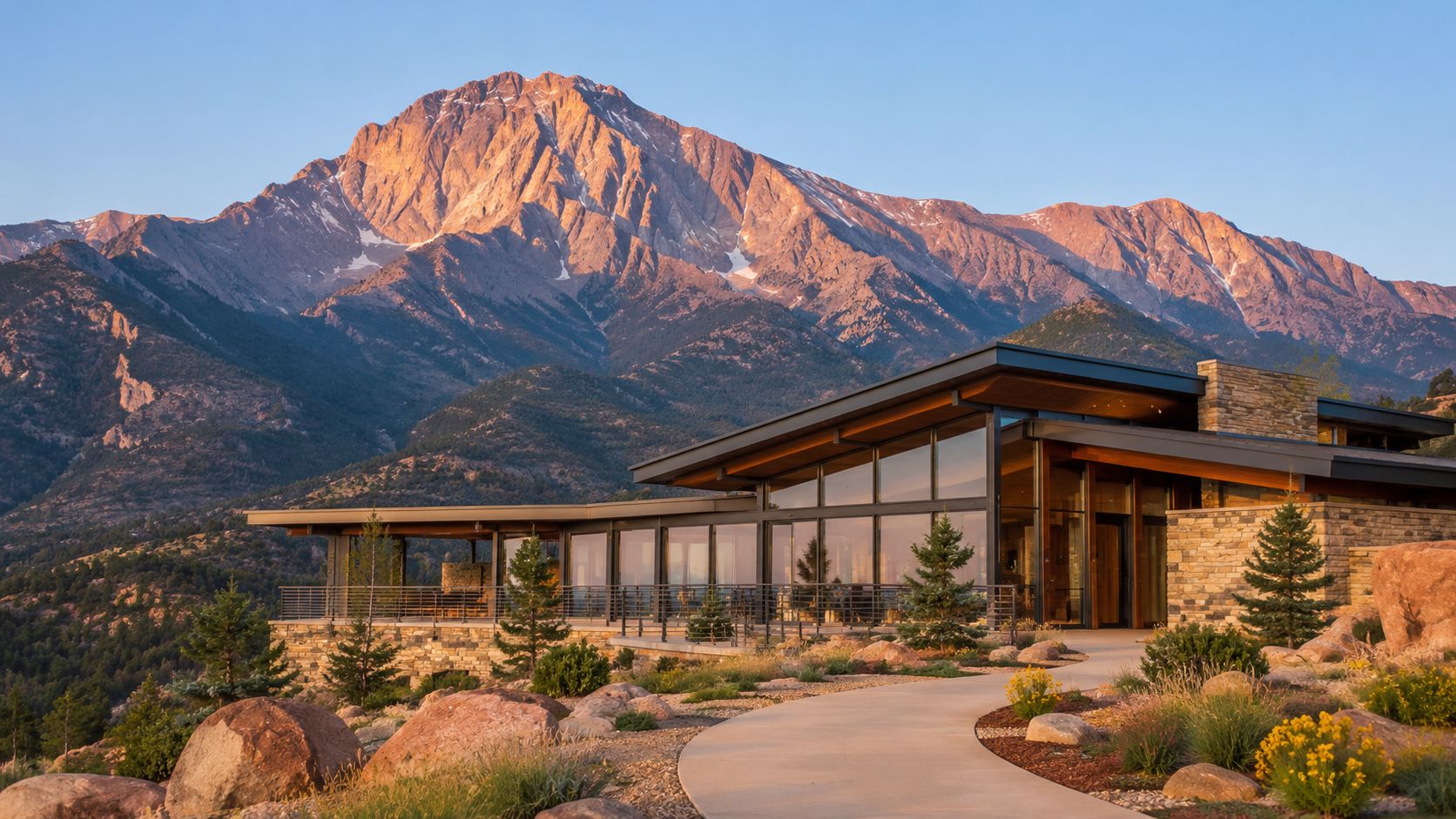 A luxurious modern home with floor-to-ceiling windows sitting at the base of a towering, sun-drenched mountain peak.