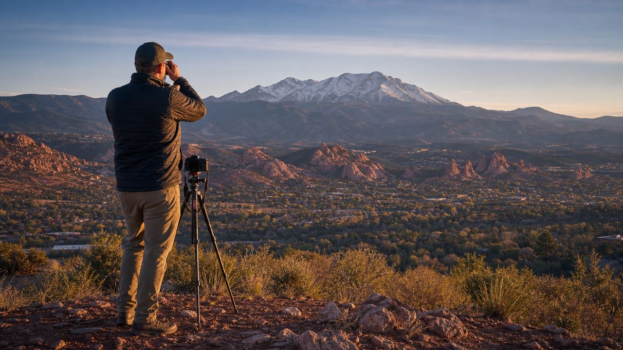A photographer stands on a hill looking through binoculars at the snowy mountain landscape in Colorado Springs.