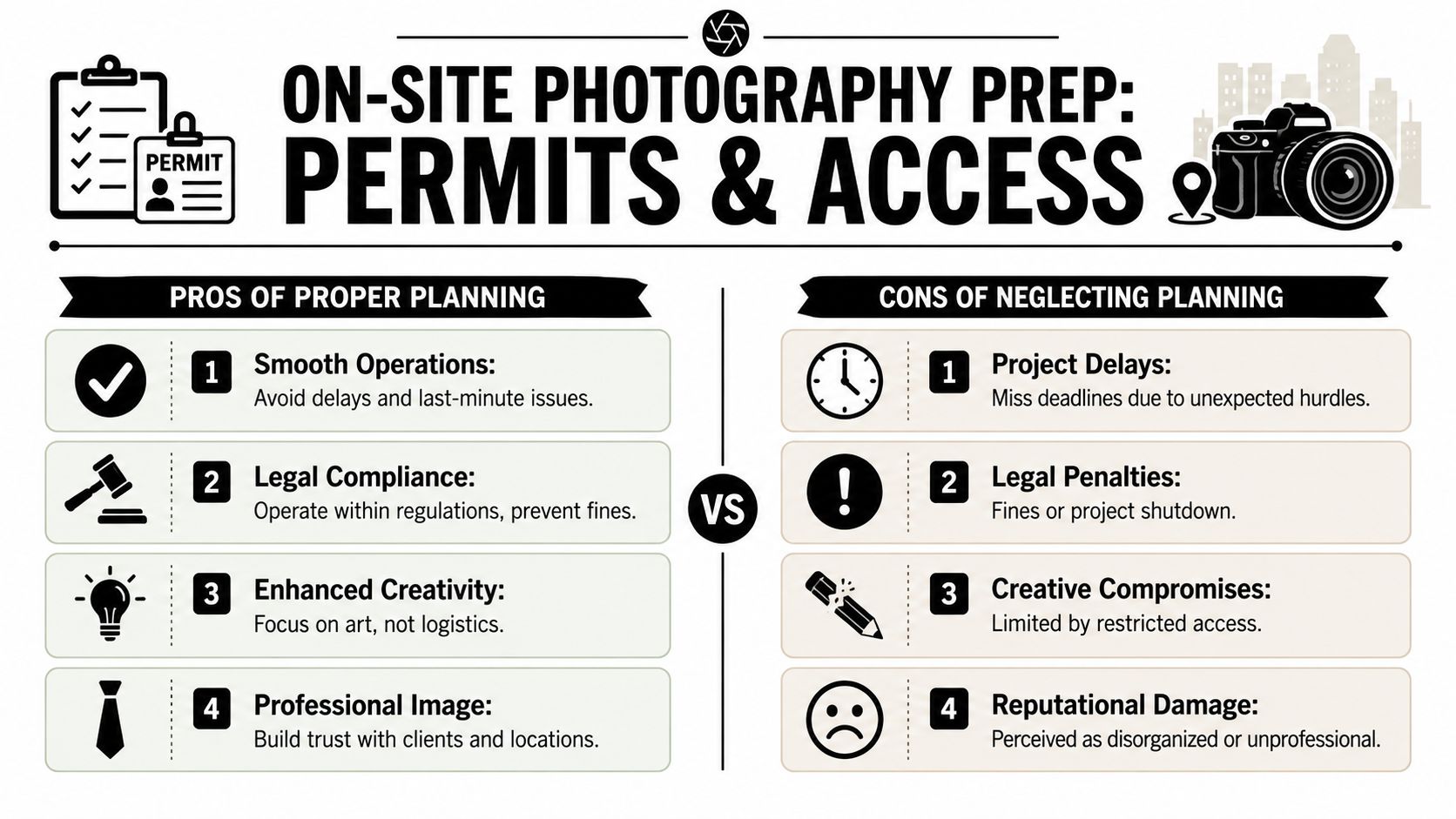 An infographic titled On-Site Photography Prep comparing the pros of planning against the cons of neglecting permits.