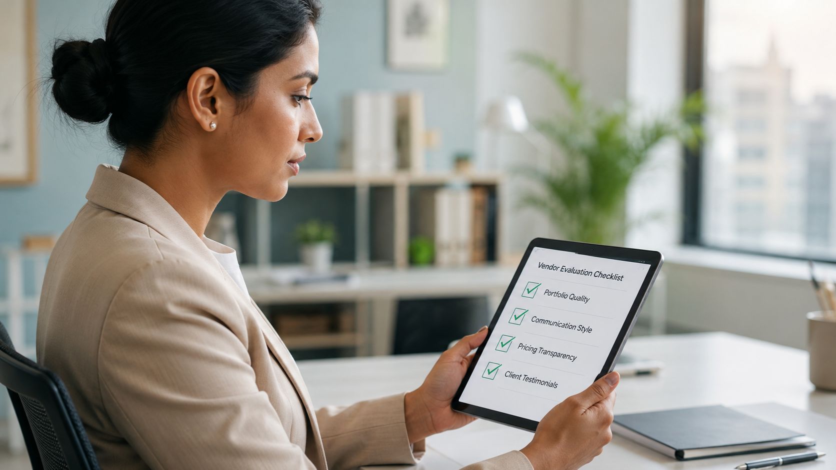 A professional woman in a beige blazer reviews a vendor evaluation checklist on a digital tablet.