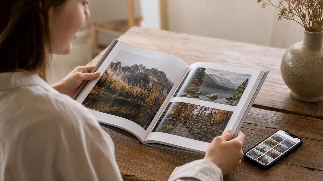 A woman reviewing a professional photo book featuring landscape photography while sitting at a rustic wooden table.
