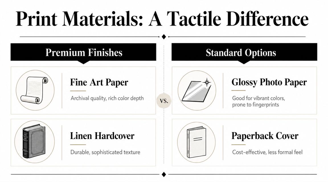 A comparison chart showing premium versus standard print material options for photo books and printed works.