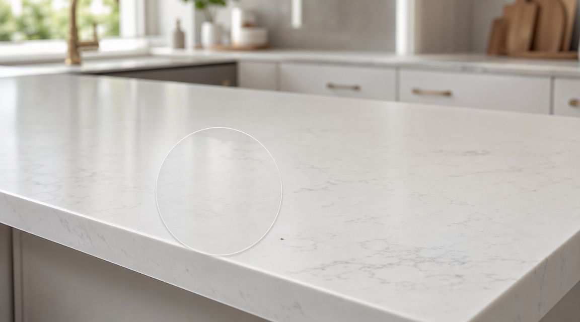 A close up view of a clean white marble kitchen countertop with a circular selection tool overlay.