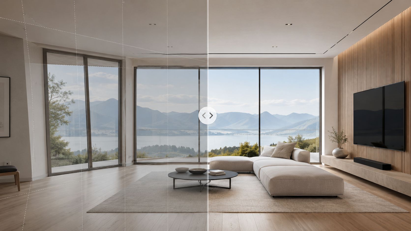 A split-screen comparison showing interior real estate photography editing techniques for a luxury living room.