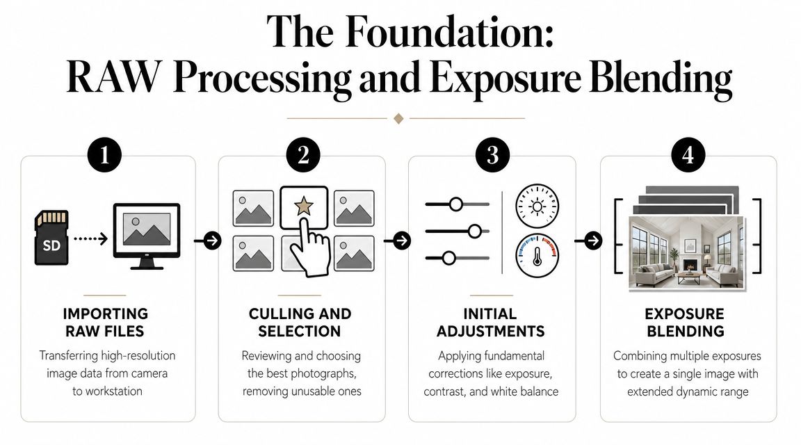A diagram outlining the four-step foundation of RAW processing and exposure blending for photography workflow.