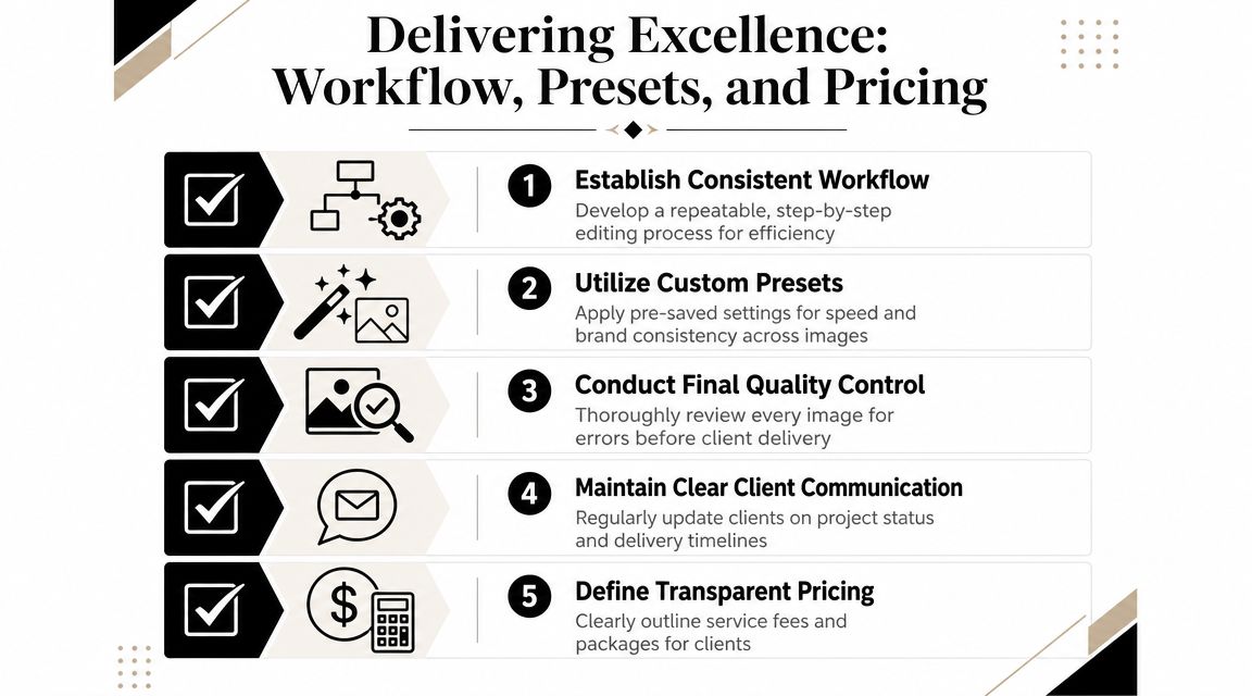 An infographic outlining five professional steps for real estate photography editing including workflow, presets, and transparent pricing.