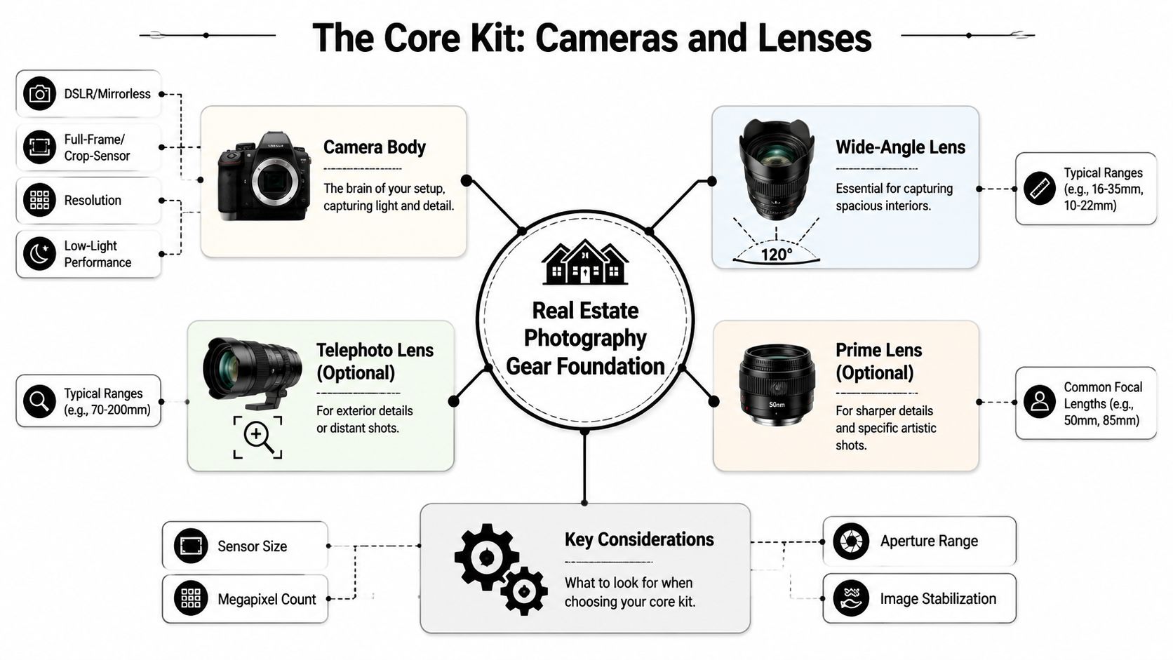 A diagram illustrating the essential camera body and lenses required for professional real estate photography.