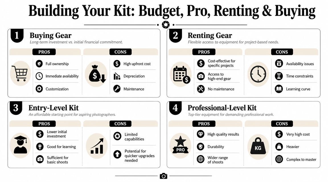 An infographic titled Building Your Kit comparing the pros and cons of buying, renting, entry-level, and professional photography gear.