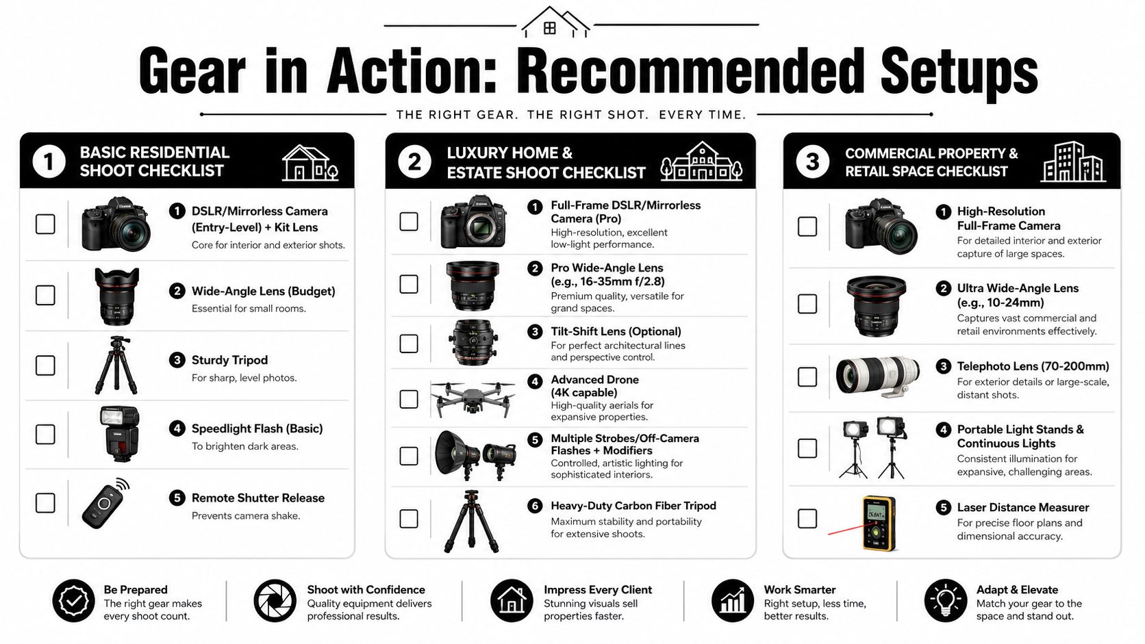 A checklist infographic detailing recommended photography equipment setups for residential, luxury, and commercial real estate shoots.