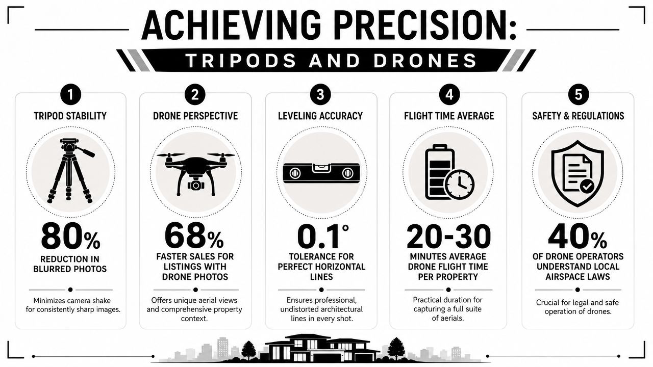 An infographic detailing five key elements for achieving precision in real estate photography using tripods and drones.