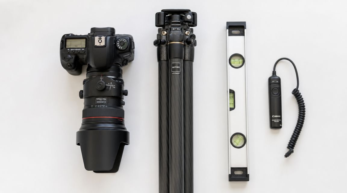 A professional DSLR camera with a wide-angle lens, a carbon fiber tripod, a spirit level, and a remote shutter release.