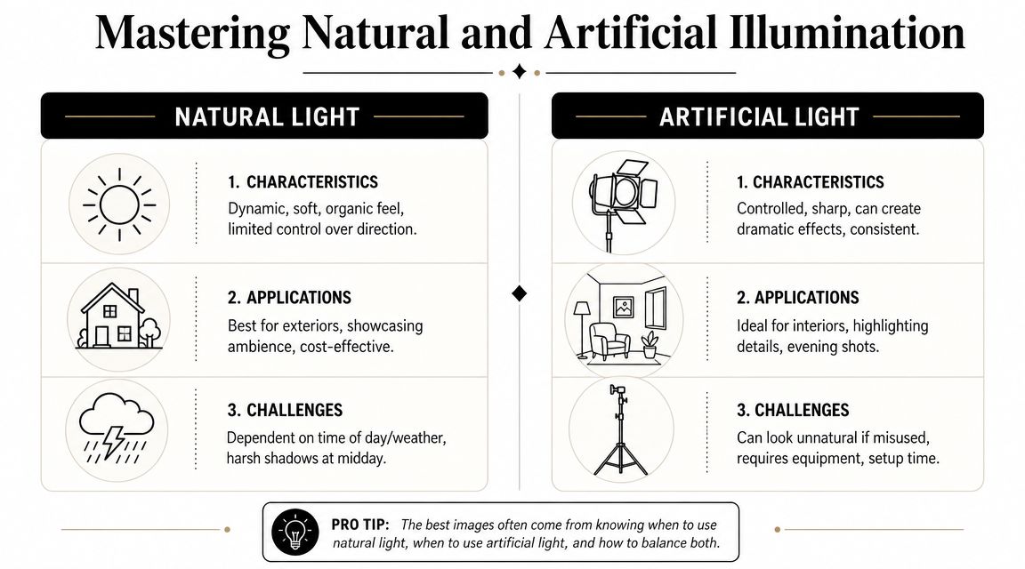 A comparison infographic titled Mastering Natural and Artificial Illumination explaining lighting characteristics, applications, and challenges.