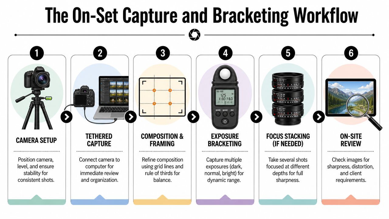 A six-step infographic illustrating the professional on-set capture and bracketing workflow for photography.