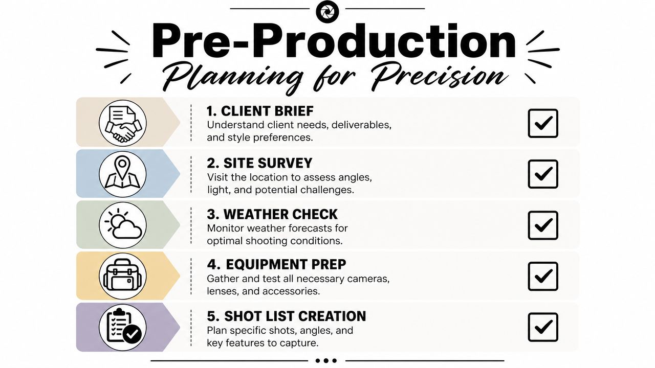 A list of five essential pre-production steps for professional real estate photography planning and organization.