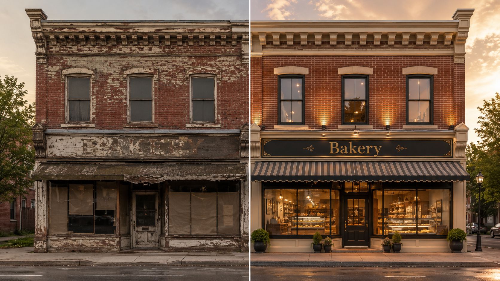 A split image showing a dilapidated historic brick bakery building compared with its fully renovated storefront.