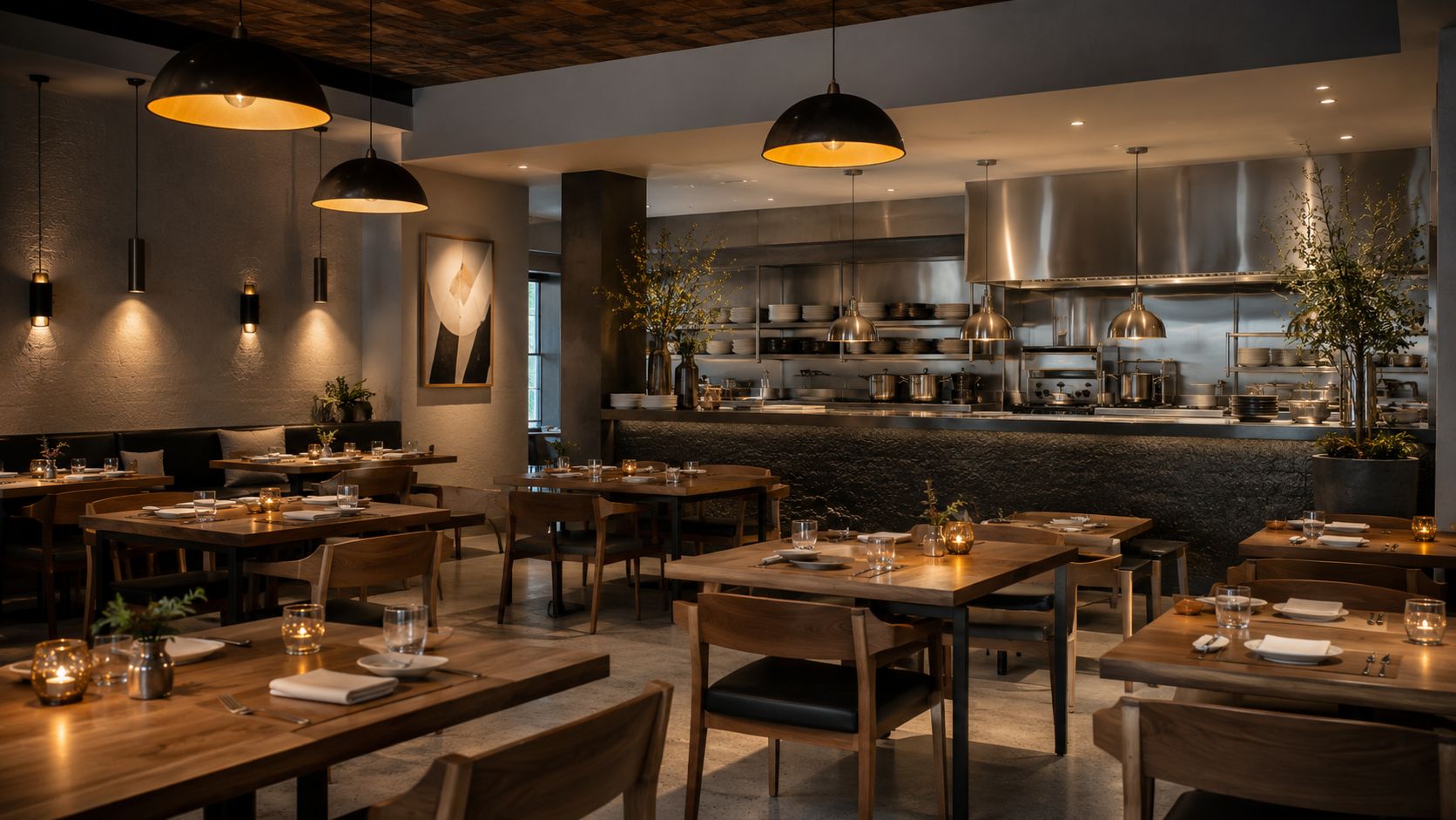 A warm and inviting restaurant interior featuring wooden furniture, soft ambient lighting, and an open kitchen area.