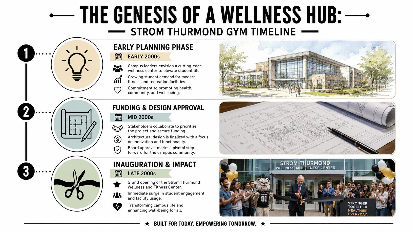 A timeline graphic depicting the planning, design, and inauguration phases of the Strom Thurmond Wellness and Fitness Center.
