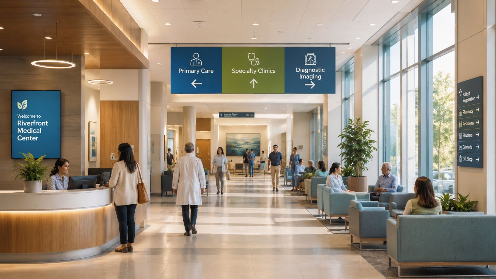 A modern and bright lobby of Riverfront Medical Center with patients and staff walking through the hallway.
