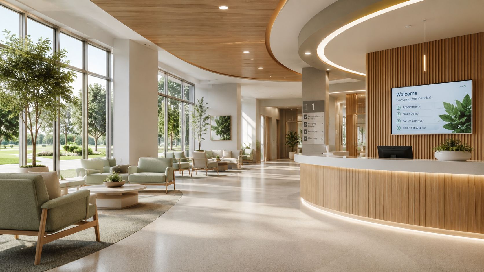 A modern and bright waiting area in the Townpark Medical Center with comfortable green armchairs and wood accents.