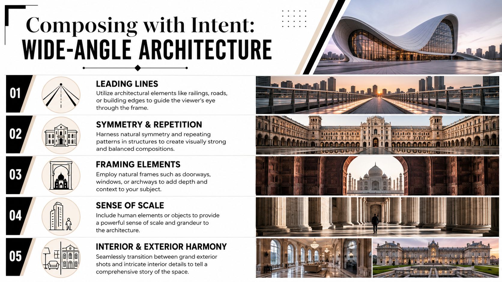 An infographic detailing five key photography techniques for capturing wide-angle architectural shots with illustrative photo examples.