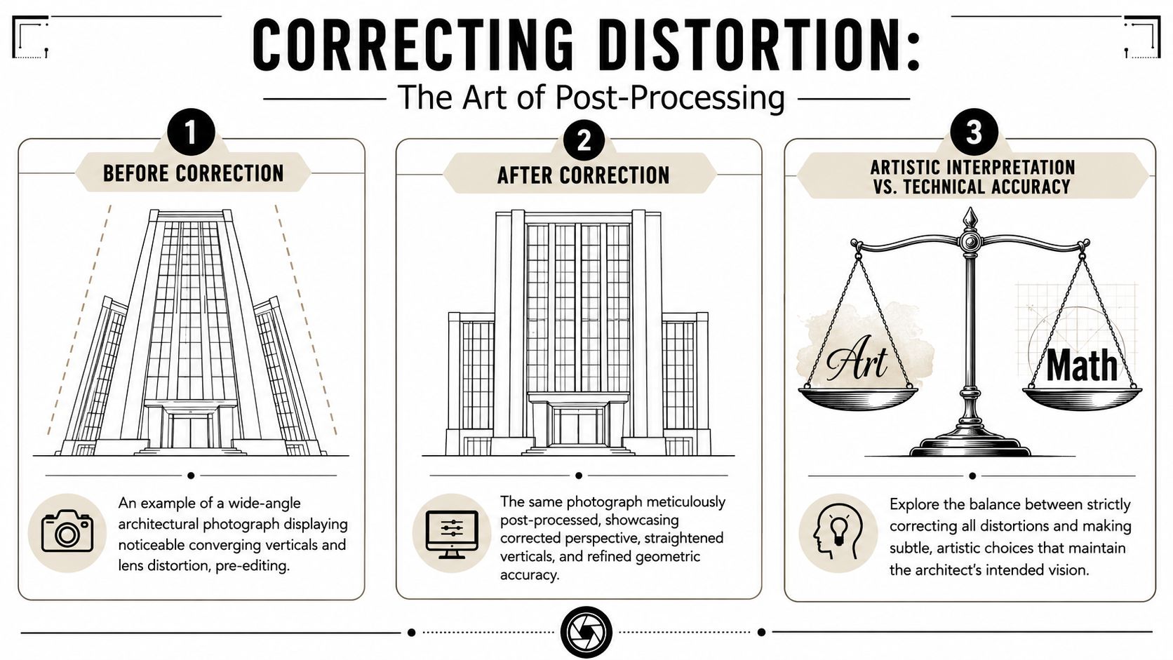 An infographic illustrating the process of correcting distortion in wide angle architectural photography using post-processing techniques.