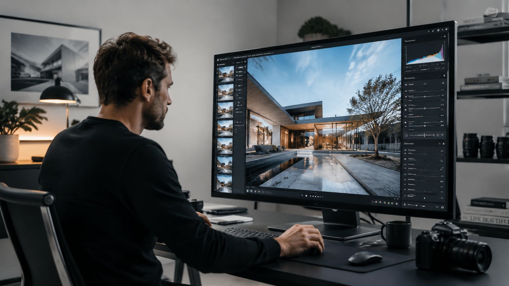 A professional photographer editing wide angle architecture photography on a large desktop computer monitor in a home office.