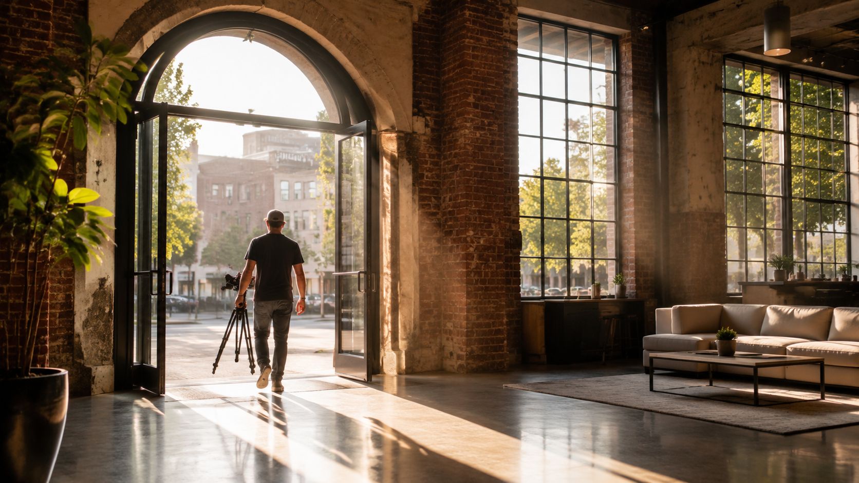 A videographer carrying a camera tripod walks out of an arched doorway of an industrial style studio.