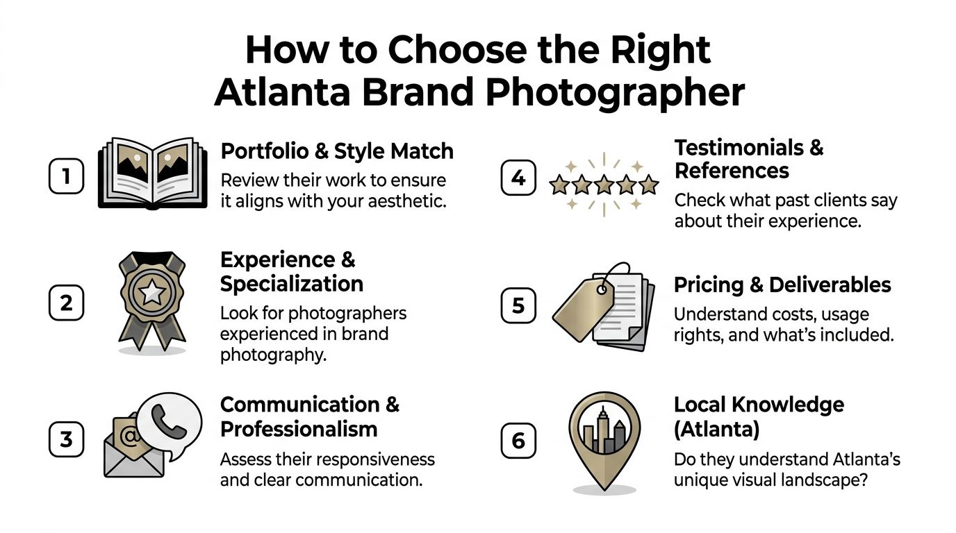An infographic titled How to Choose the Right Atlanta Brand Photographer with six numbered tips.